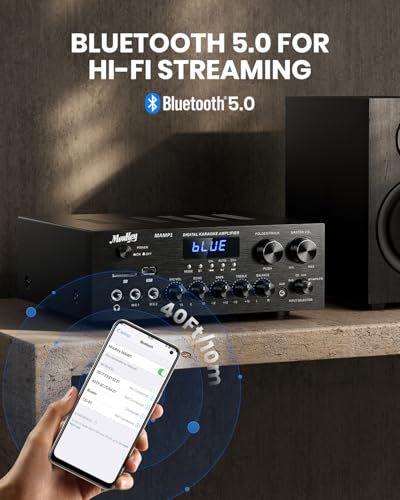 Moukey パワーアンプ システム マイクミキサー 220W Bluetooth対応 デュアルチャンネルサウンドオーディオステレオレシーバー モニタリング/USB、SD、AUX、MIC IN/エコー、ラジオ、LCD-ホームシアターエンターテ 98295997