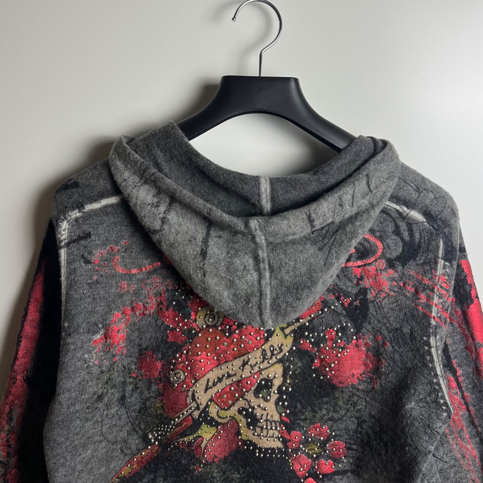 エドハーディ　ラメ　ジップアップパーカー　グランジ　y2k ドクロ　アームロゴ Ed Hardy by Christian Audigier 00s y2k archive studs skull wool