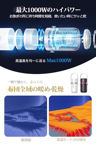 布団乾燥機 小型 【2026新モデル 一台多役 超軽量350g】 衣類乾燥 靴乾燥 携帯乾燥機 Max85℃ ダニ退治 温風機能 3段階調節可能 5段階タイマー UVライト ふとん乾燥機 MAX1000W パワフル 速乾 速暖 ドライヤー機能 8fdfc8b1