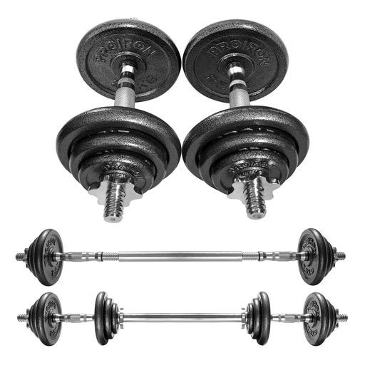 PROIRONダンベル可変式30kg純鋳鉄15kg2個セットコネクション・チューブ(延長用シャフト)でバーベルにもなれるダンベルホームジム