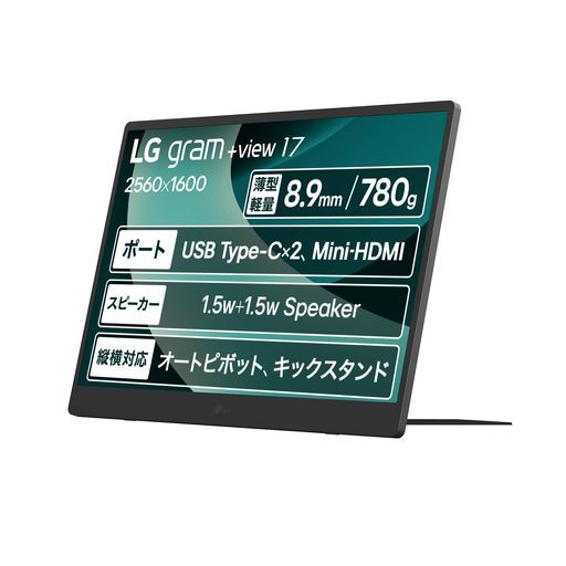 LGモバイルモニターディスプレイLGgram+View1717MT7017インチ/軽量780g/2560x1600(16:10)/IPS/DCI-P399%/アンチグレア/USBType-C