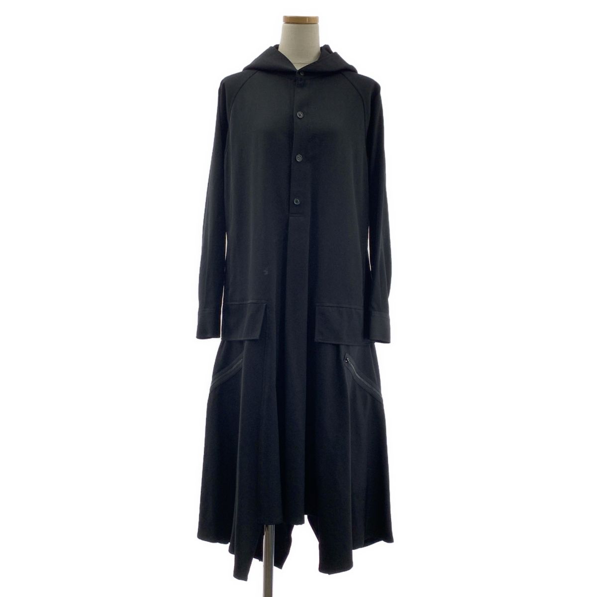 【美品】 YOHJI YAMAMOTO +NOIR / ヨウジヤマモトプリュスノアール | 2019AW | ウールギャバ アシンメトリー フーデッドドレス | 1 | ブラック | レディース