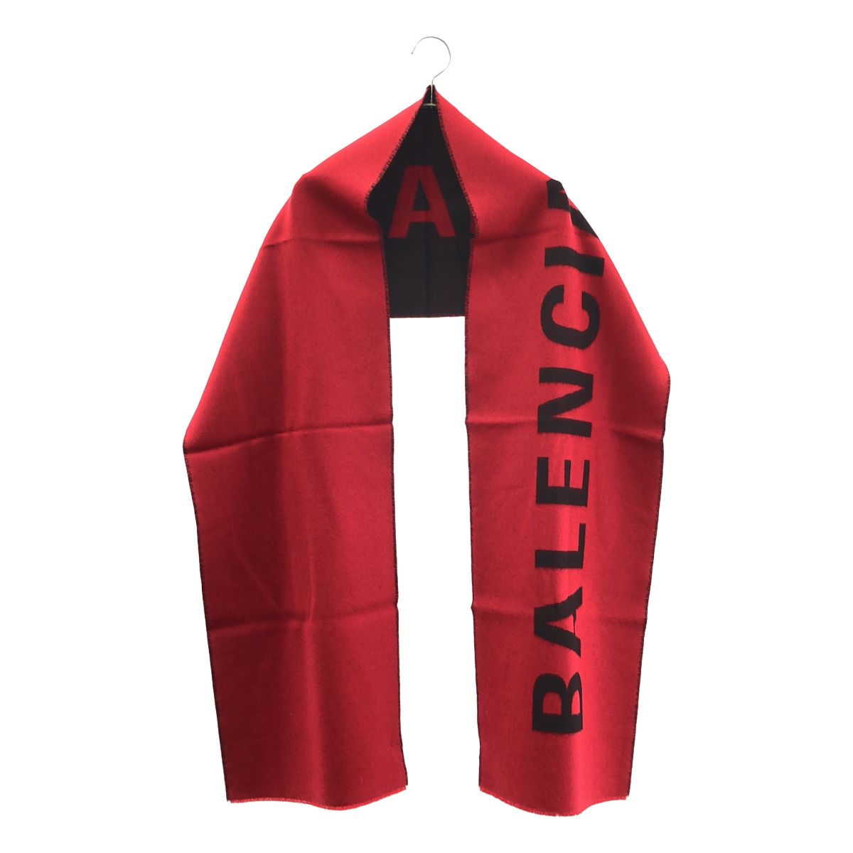【美品】 BALENCIAGA / バレンシアガ | ウール ロゴ 大判ストール | 30×205cm | レッド/ブラック