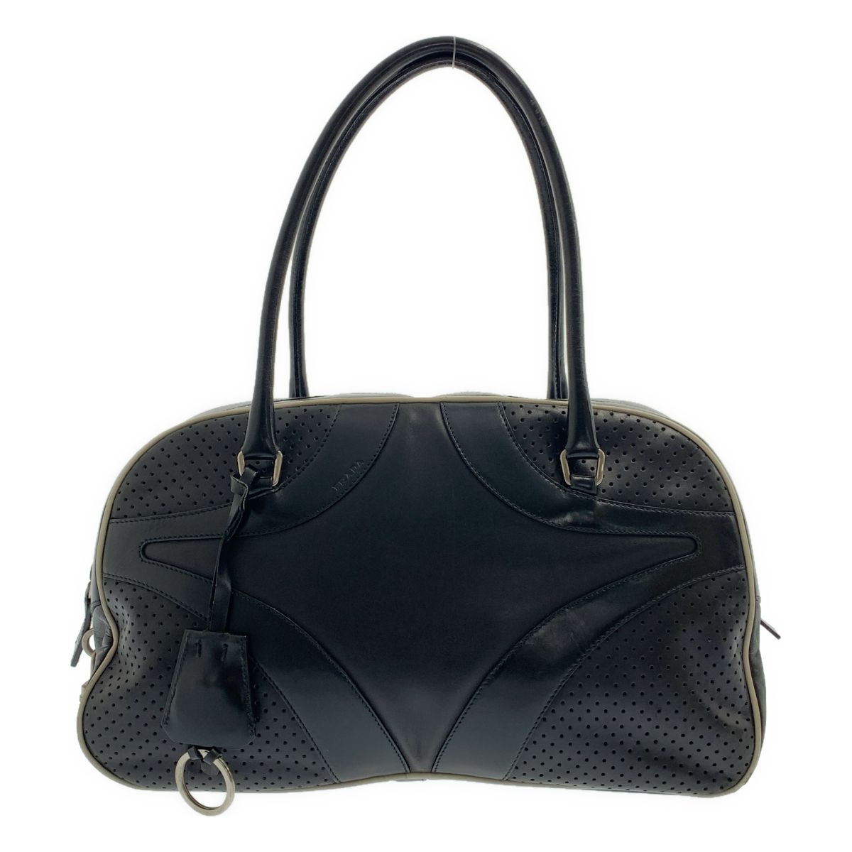 PRADA / プラダ | 2000SS | leather hand bag / レザー パンチング ボーリング ボストン ハンドバッグ / ロゴ総裏地 | ブラック | レディース
