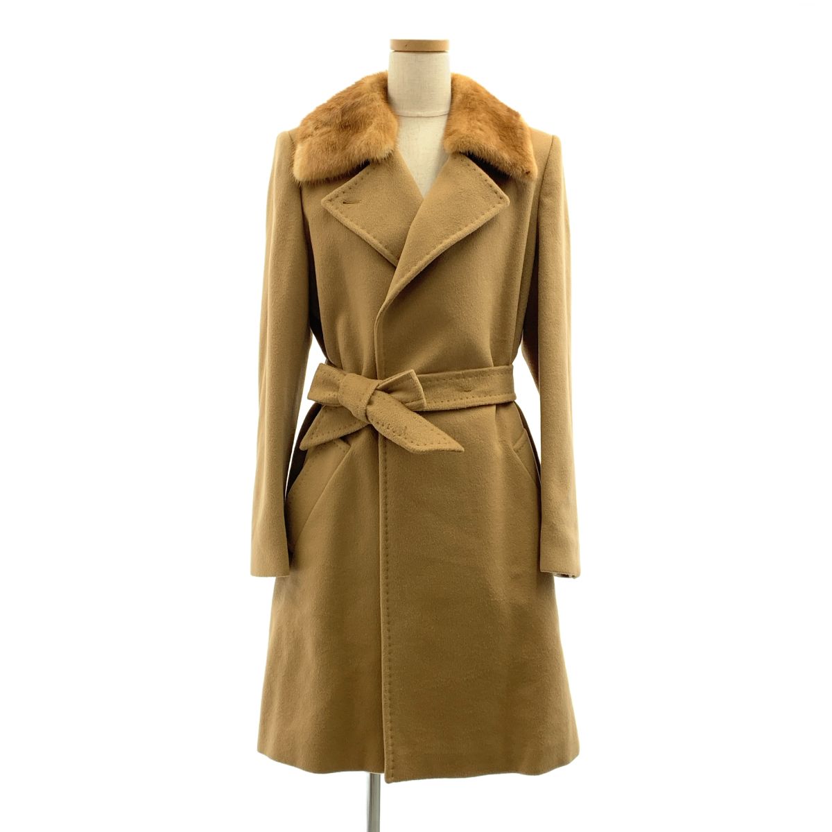 【美品】 Max Mara / マックスマーラ | ウール ベルテッド コート / ミンクファー カラー 着脱可 / ロゴ総裏地 | 42 | ベージュ系 | レディース