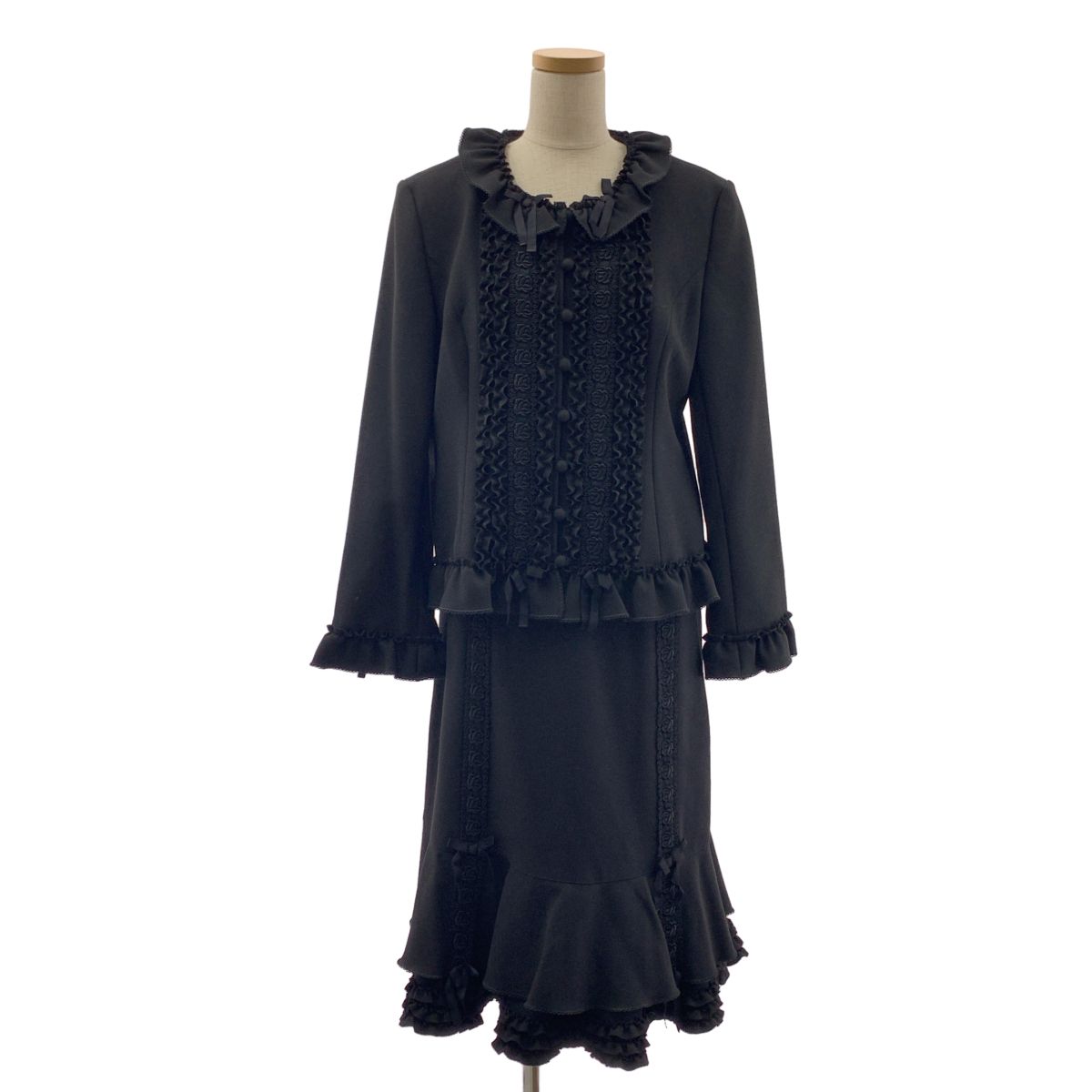 【美品】 PINK HOUSE / ピンクハウス | セットアップ / ローズ刺しゅう フリルカラージャケット / フリルドレープスカート | L | ブラック | レディース