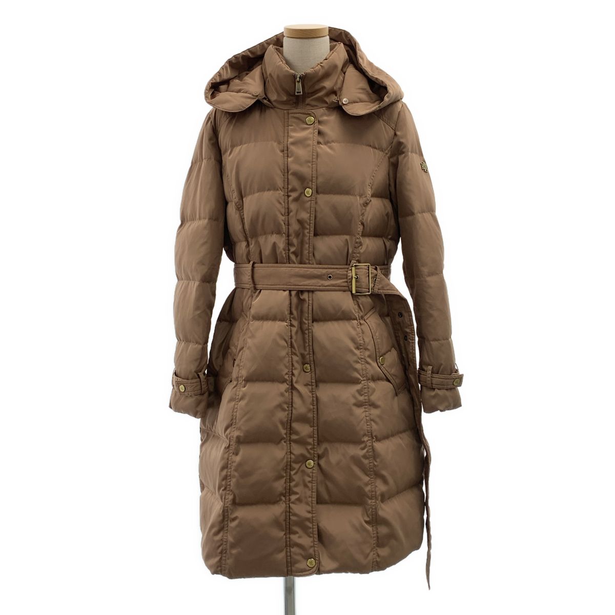 【美品】 Lauren Ralph Lauren / ローレンラルフローレン | ベルテッド ロゴボタン ダウンコート / フード着脱可 | M | ブラウン | レディース