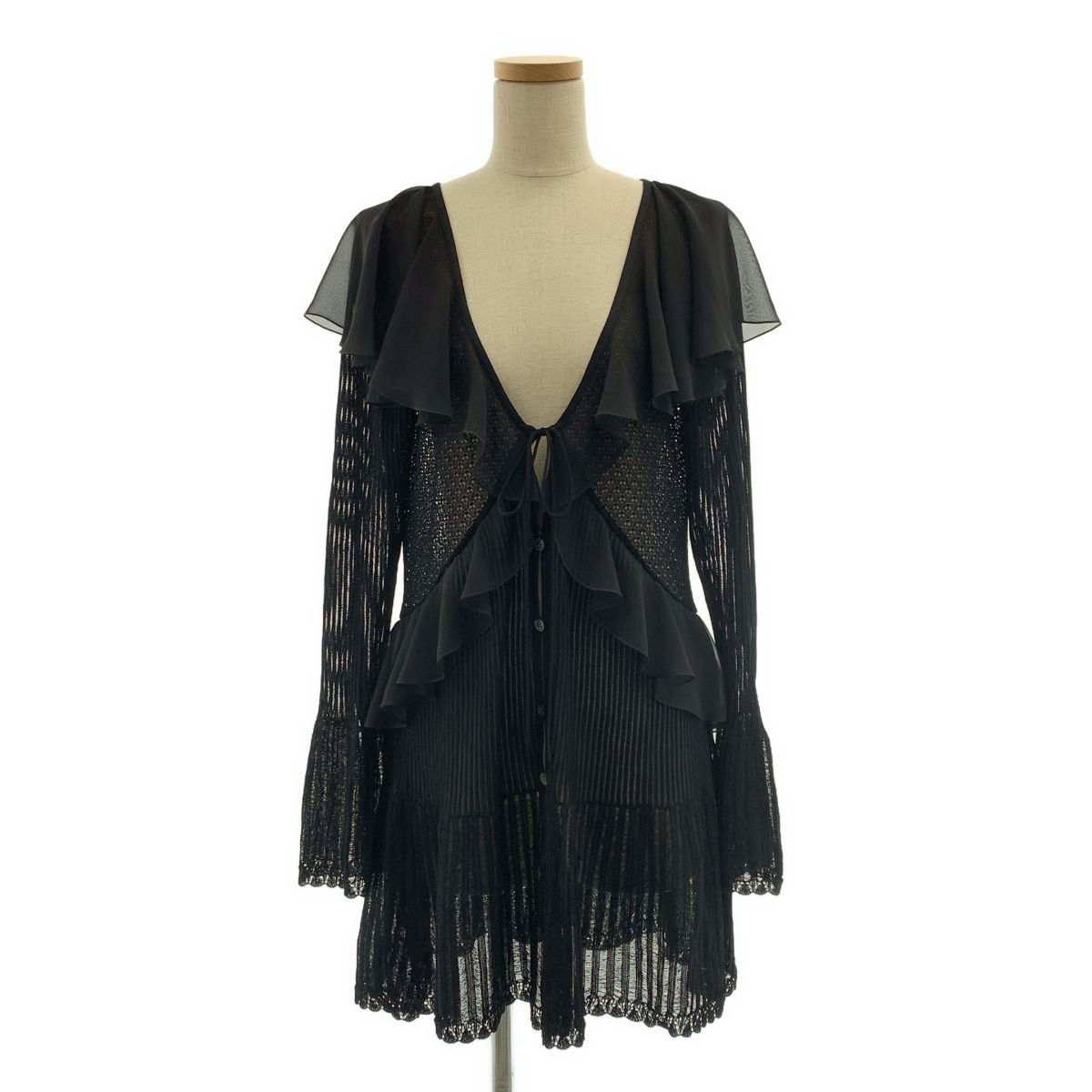 【美品】 FETICO / フェティコ | LACE KNIT LONGLINE CARDIGAN レース フリル シアーカーディガン | 38 | ブラック | レディース