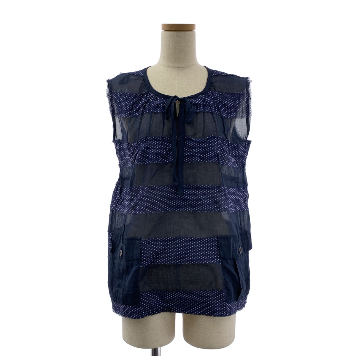 tricot COMME des GARCONS / トリココムデギャルソン | 2006SS | シルク コットン 異素材 切替 カットオフ パッチ バックダブルポケット ブラウス | M | ネイビー | レディース