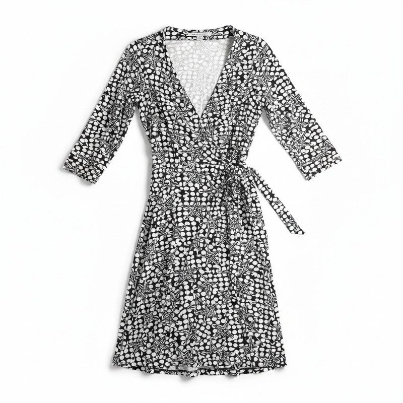 ダイアンフォンファステンバーグ DIANE von FURSTENBERG ワンピース ラップワンピース カシュクール 柄模様 リボンベルト 白 黒系 8サイズ 1008850