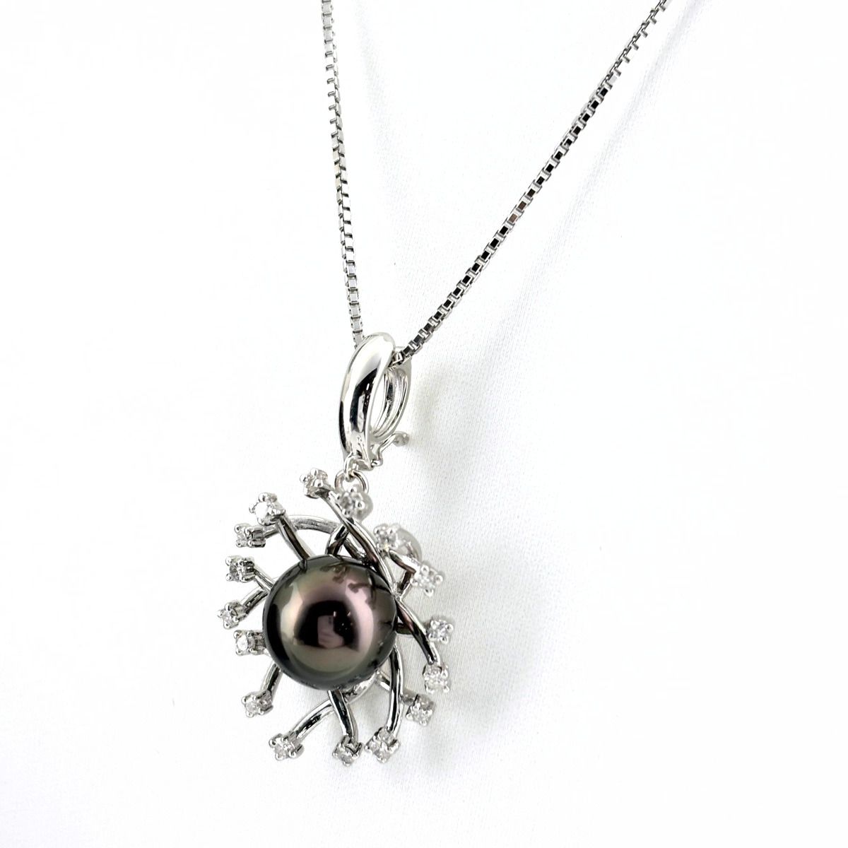パール デザインネックレス WG ホワイトゴールド ペンダント 750 メレダイヤ ダイヤモンド 真珠 ネックレス K18 K14 WG レディース 【中古】