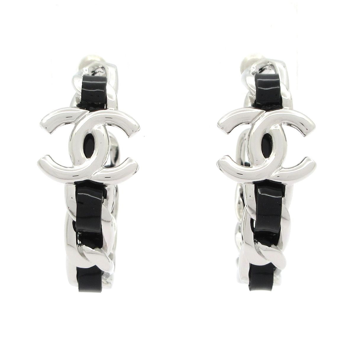 CHANEL(シャネル) ピアス美品 ココマーク レザー シルバー×黒 フープ
