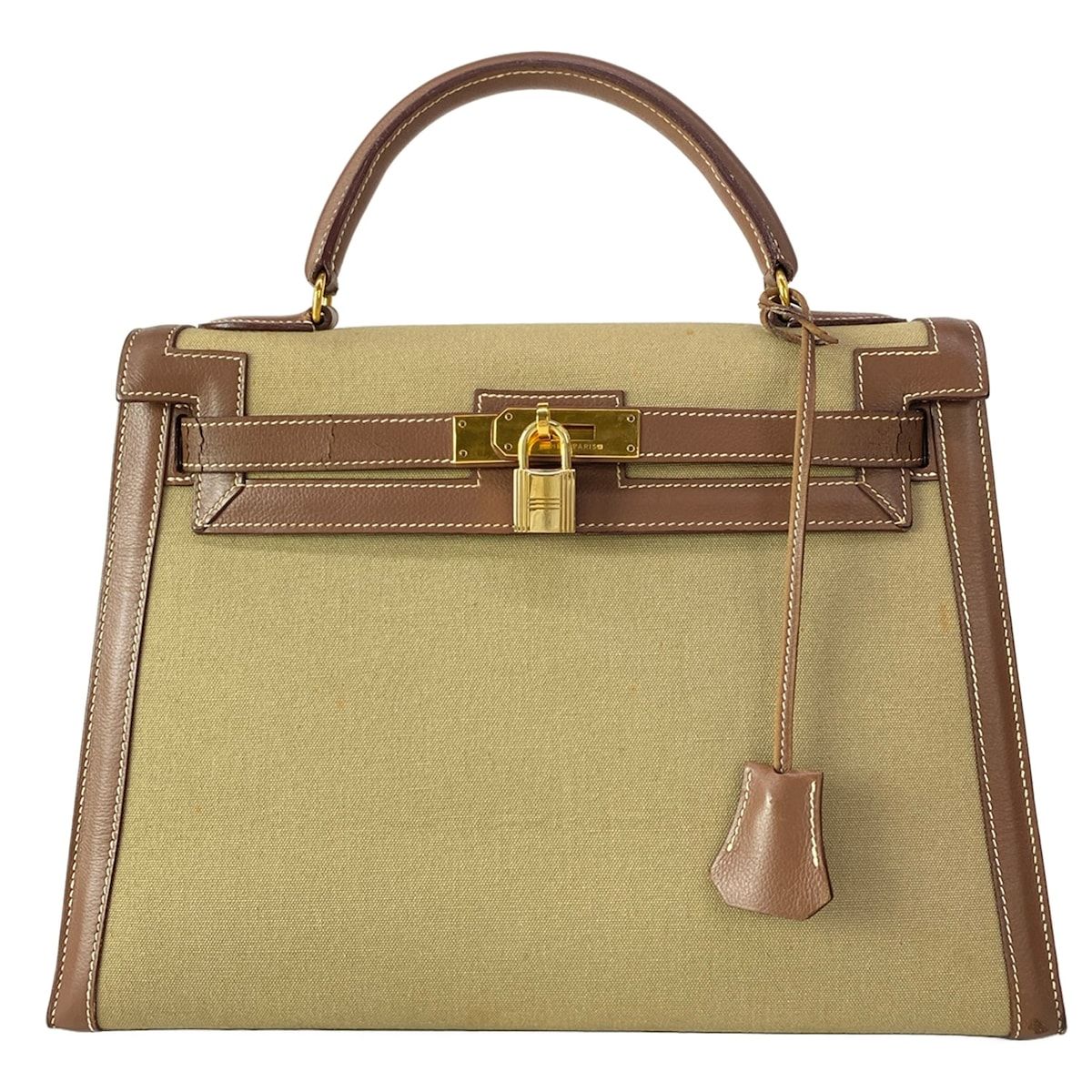 HERMES(エルメス) ハンドバッグ ケリー32 カーキ×ダークブラウン 外縫い/ゴールド金具 レザー