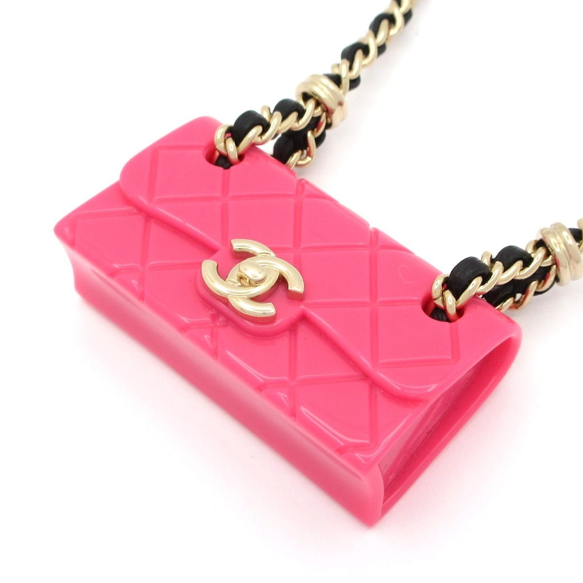CHANEL(シャネル) ネックレス美品 - レザー ピンク×ゴールド×黒 マトラッセ バッグ モチーフ