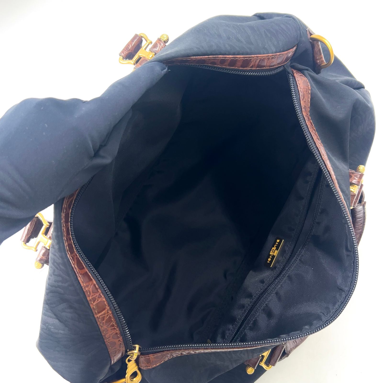BALENCIAGA クロコ型押し レザー×ナイロン ブラウン×ブラック ボストン