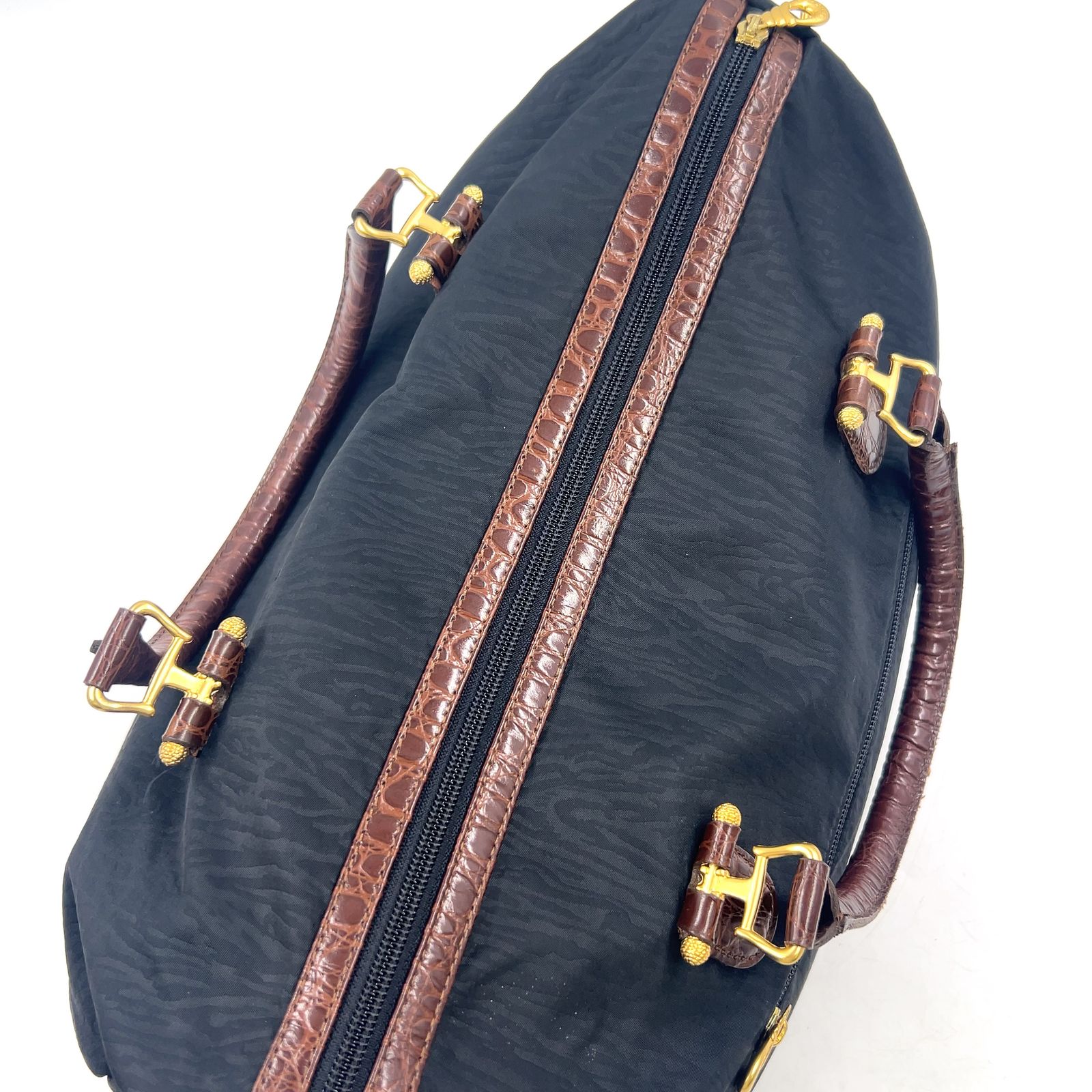BALENCIAGA クロコ型押し レザー×ナイロン ブラウン×ブラック ボストン