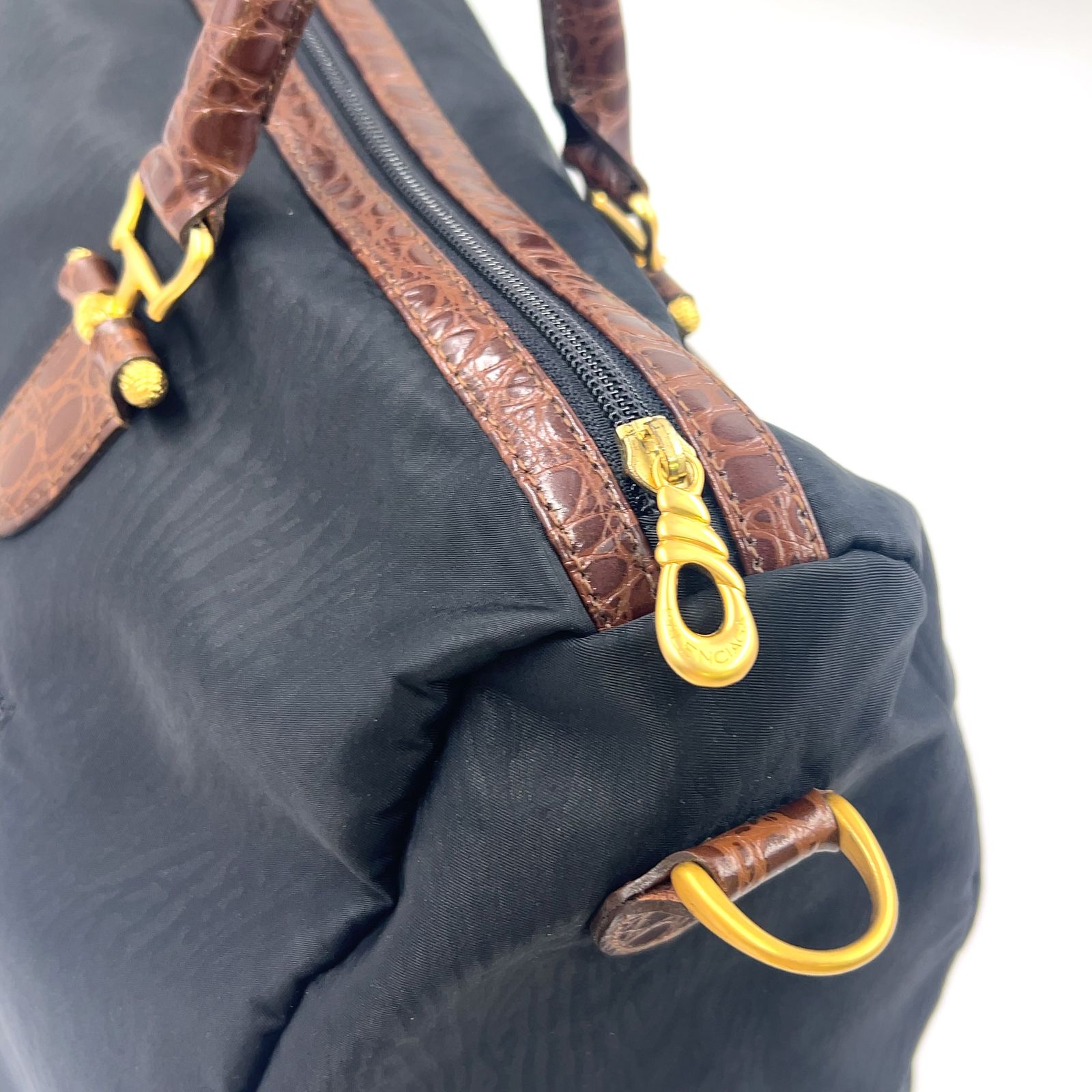 新着】BALENCIAGA クロコ型押し レザー×ナイロン ブラウン×ブラック