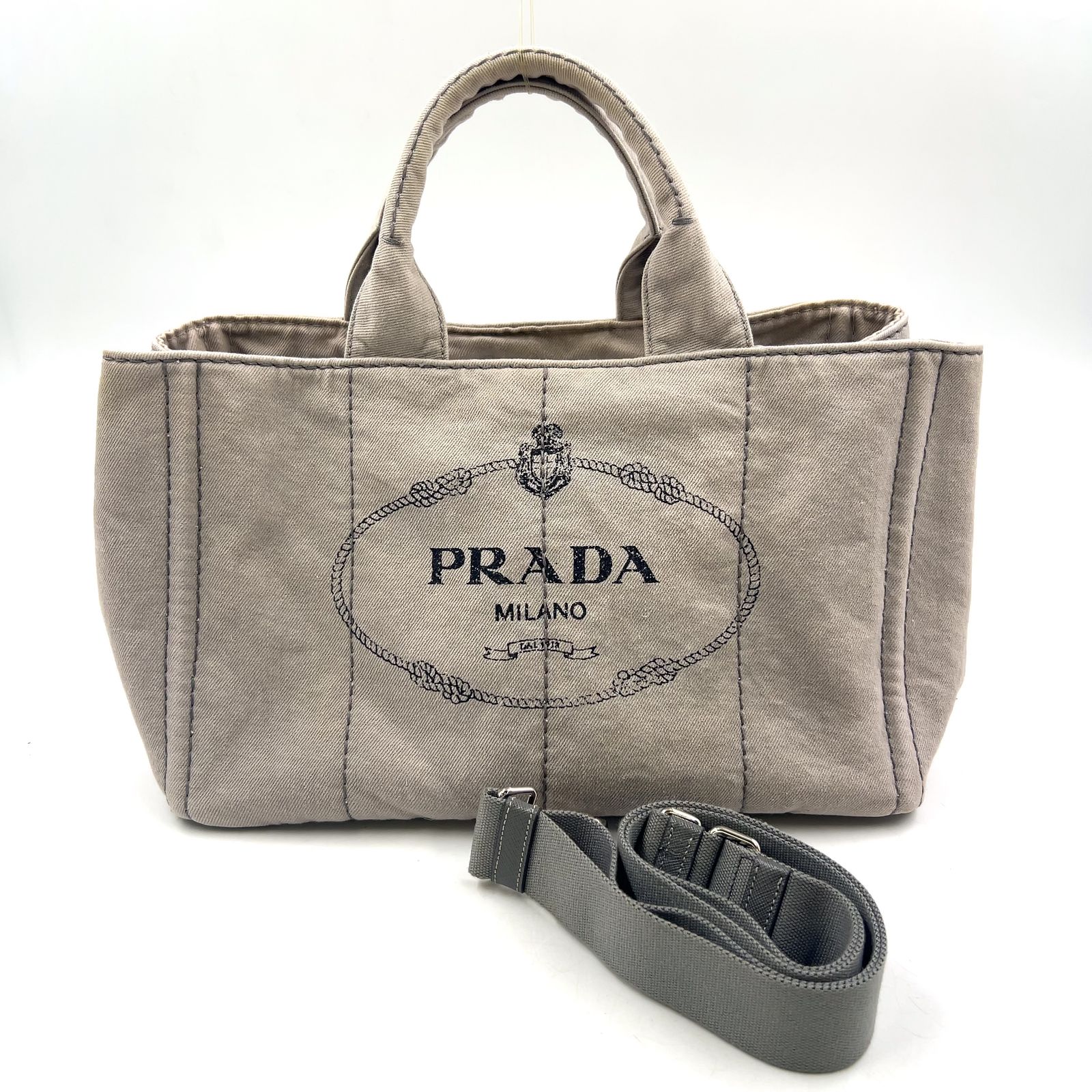 PRADA カナパ デニム キャンバス ライトグレー トートバッグ シルバー 