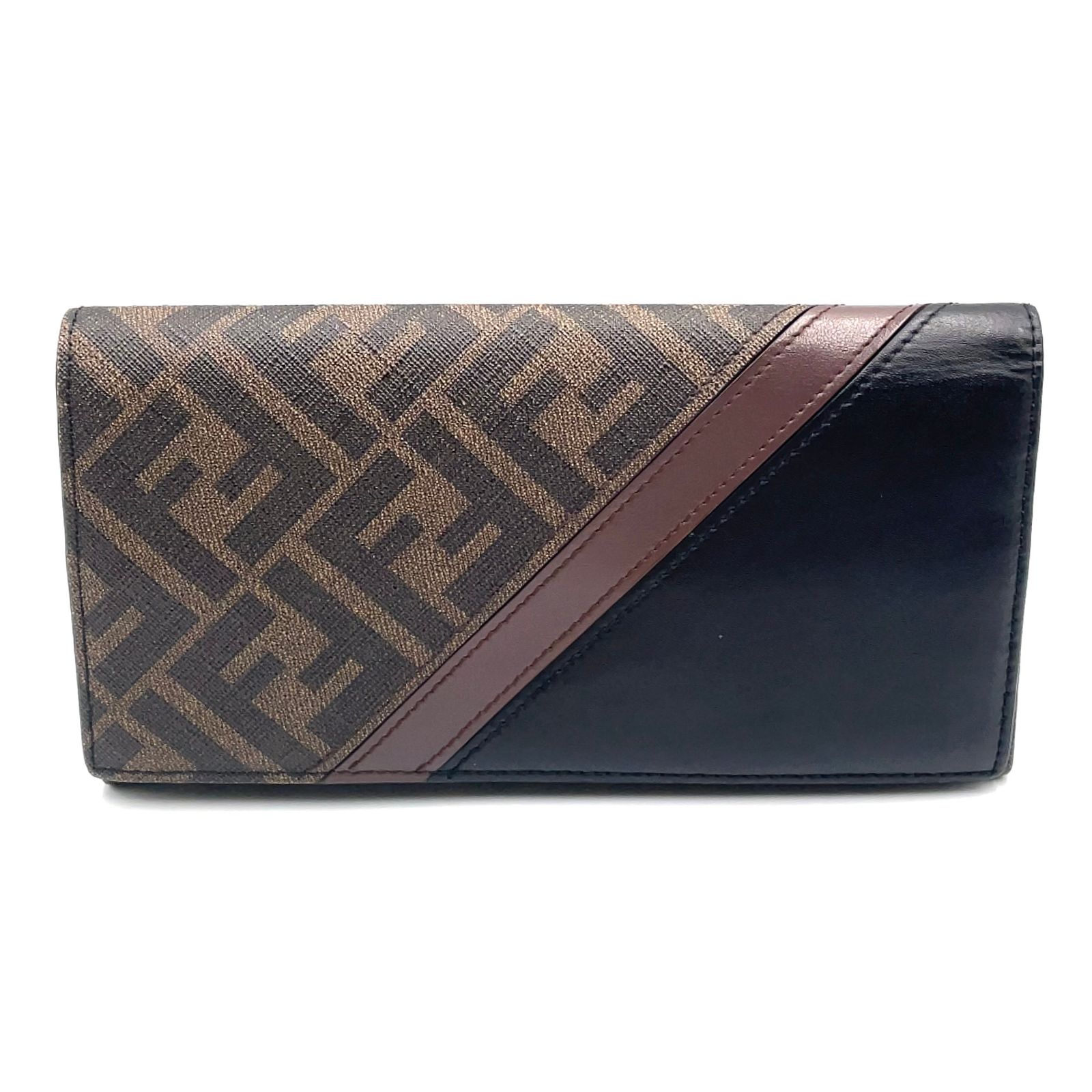 【新着】FENDI ズッカ柄 コンチネンタル レザー×PVC ブラウン×ブラック 長財布 シルバー