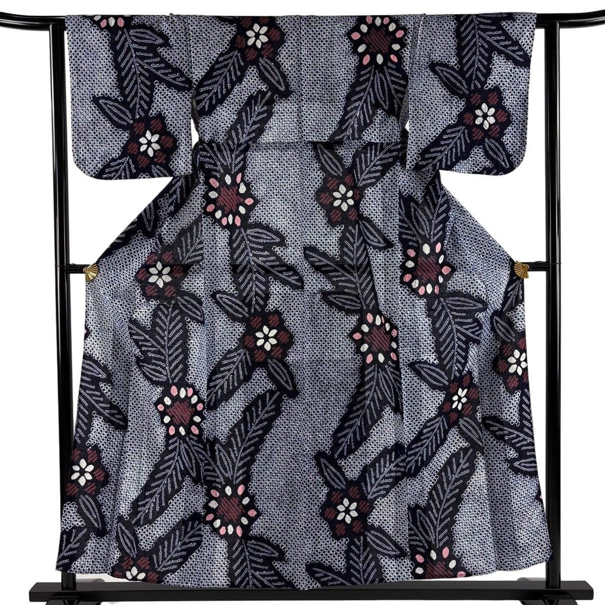 浴衣 身丈156cm 裄丈62cm S 絞り浴衣 草花 紺色 綿 名品 【中古】