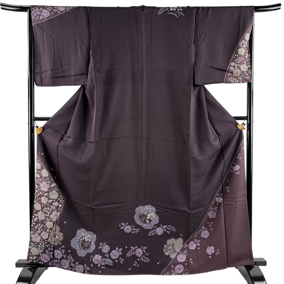 訪問着 身丈163cm 裄丈67.5cm L 袷 草花 桜 金彩 ぼかし 濃紫 正絹 秀品 【中古】