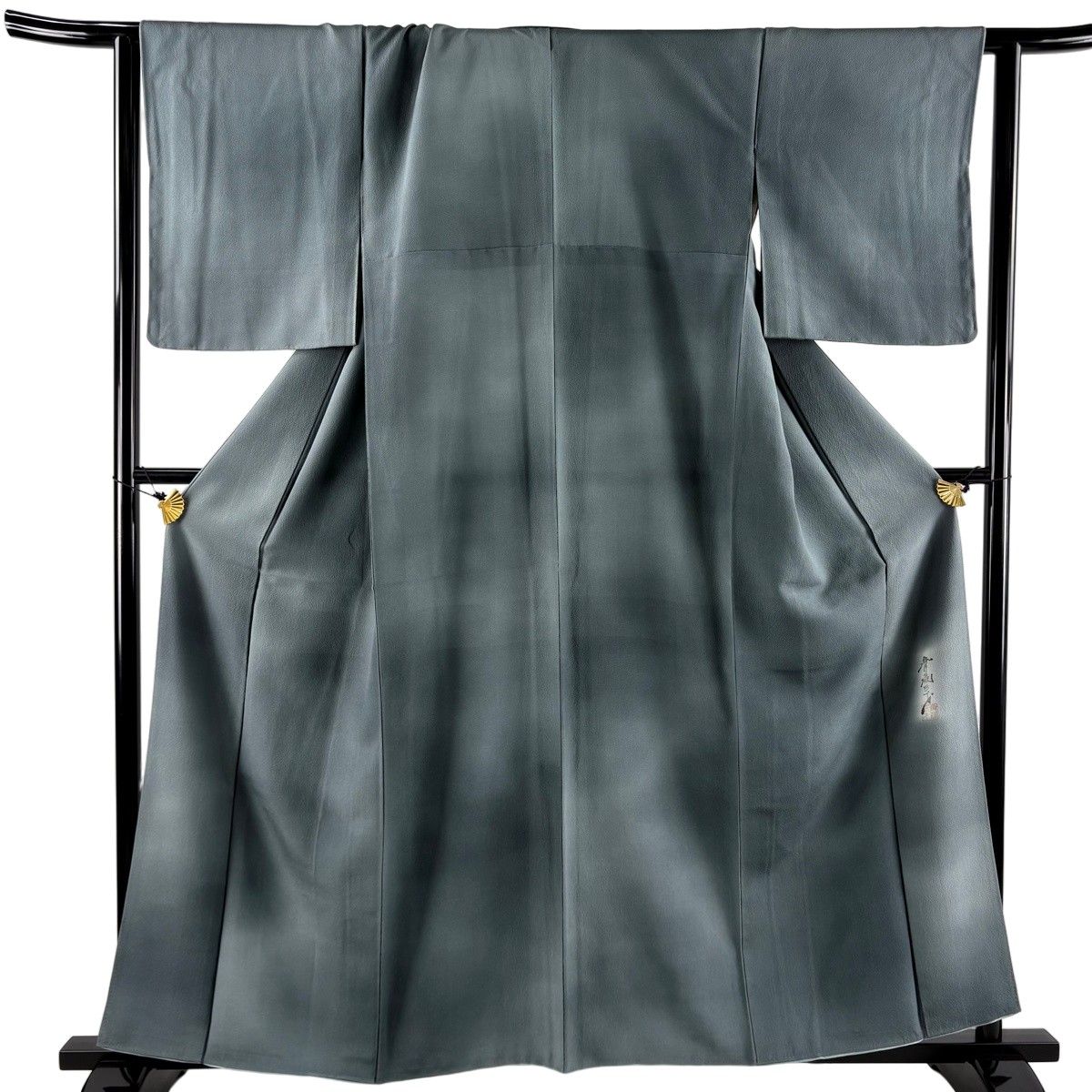 【美品】 小紋 身丈159.5cm 裄丈64cm M 袷 斉藤三才 落款 ぼかし柄 青灰色 正絹 秀品 【中古】