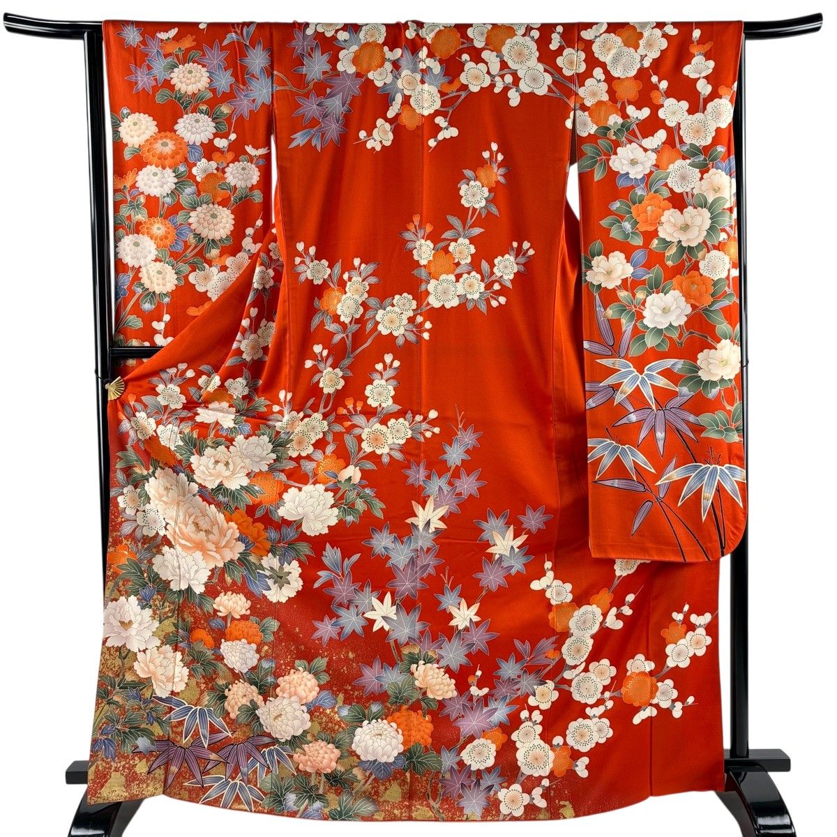 振袖単品　袷 梅 蝶 金糸 絞り 赤 正絹 秀品 振袖 身丈169cm 裄丈66cm M 袷 牡丹 枝梅 金彩 朱色 正絹 秀品 【中古