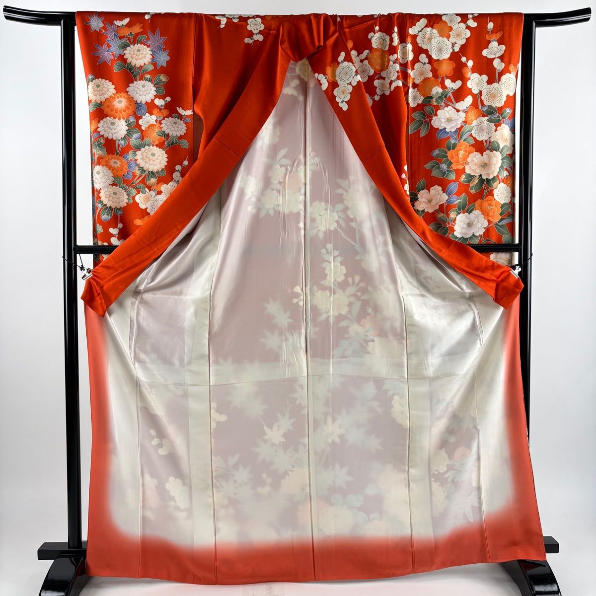 振袖 身丈169cm 裄丈66cm M 袷 牡丹 枝梅 金彩 朱色 正絹 秀品 【中古