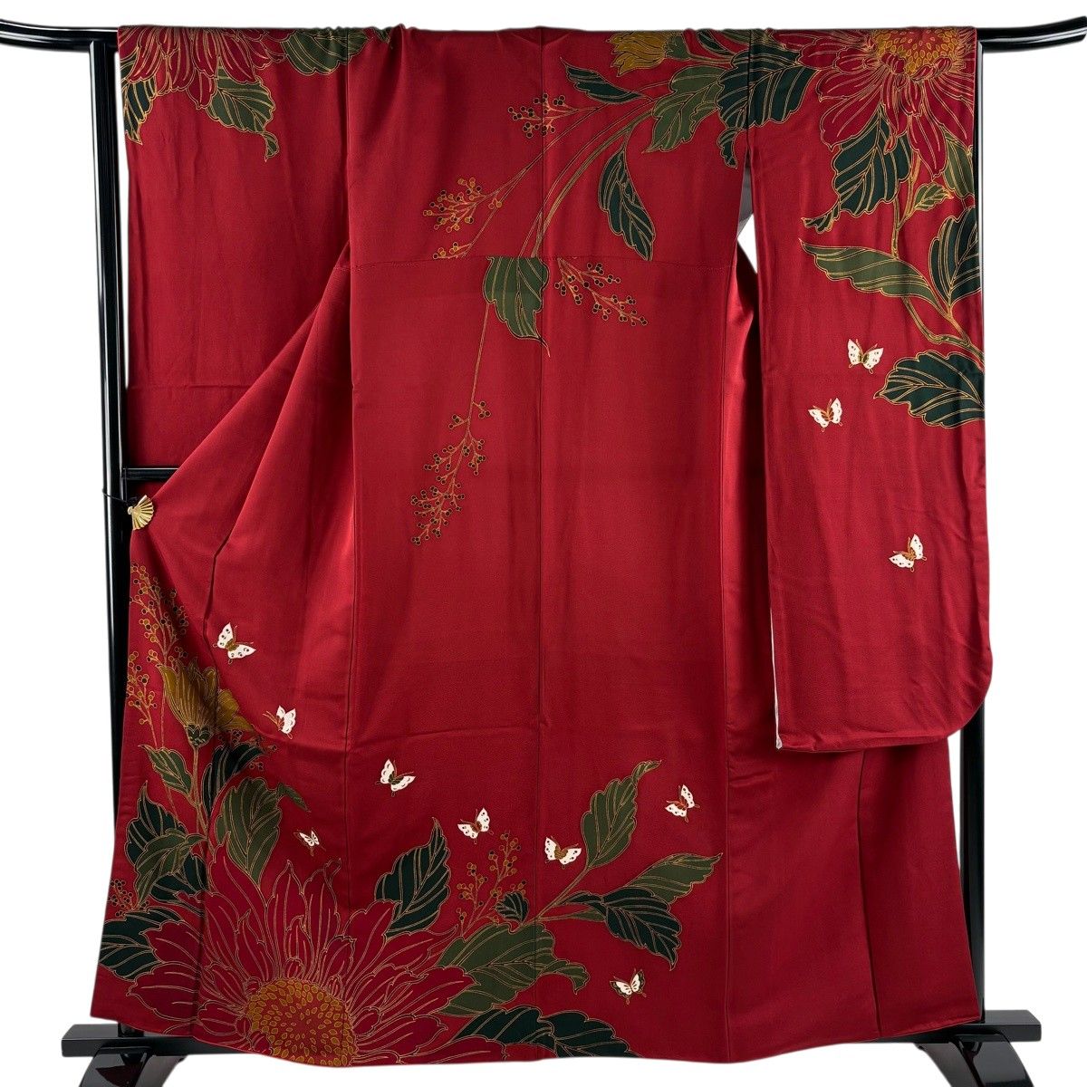 振袖 身丈160.5cm 裄丈66cm M 袷 草花 蝶 金彩 赤 正絹 秀品 【中古】