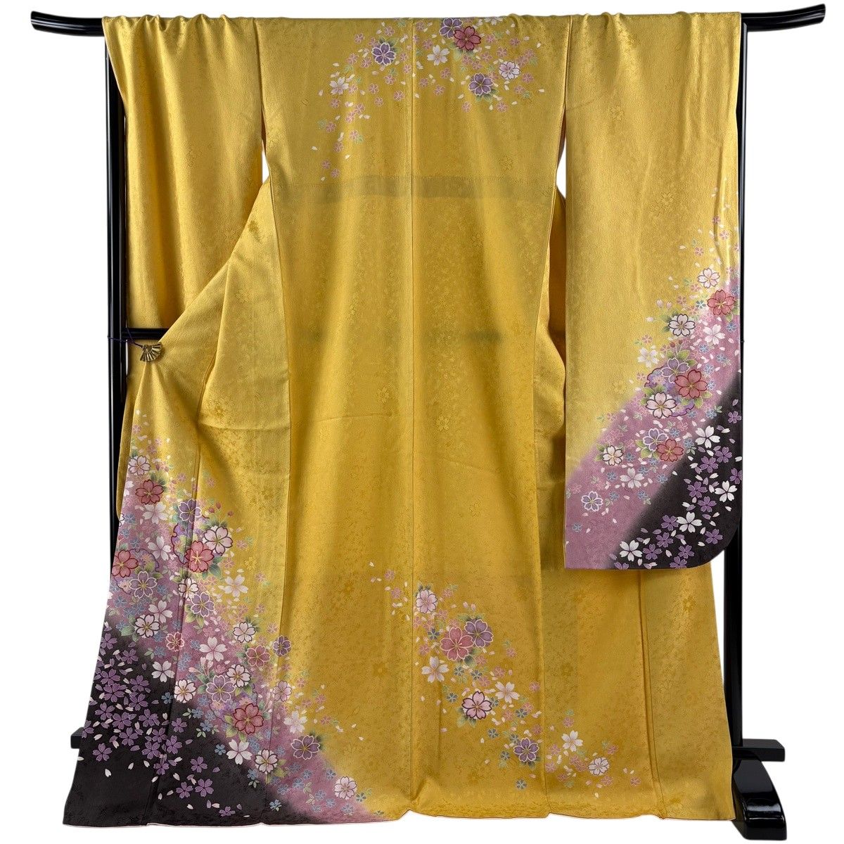 【美品】 振袖 身丈174cm 裄丈69.5cm L 袷 桜 雪輪 金彩 染め分け 山吹色 正絹 秀品 【中古】