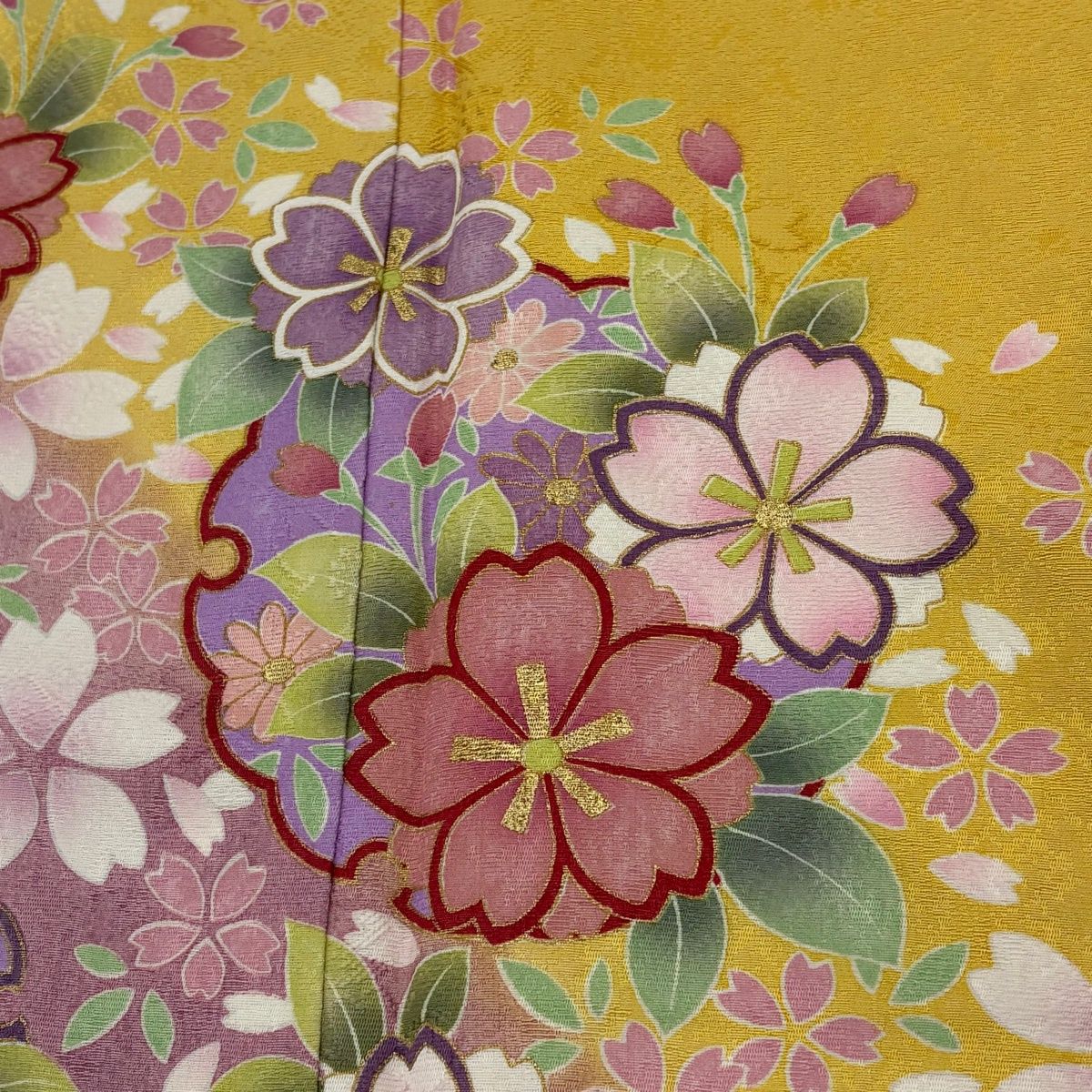 美品】 振袖 身丈174cm 裄丈69.5cm L 袷 桜 雪輪 金彩 染め分け 山吹色