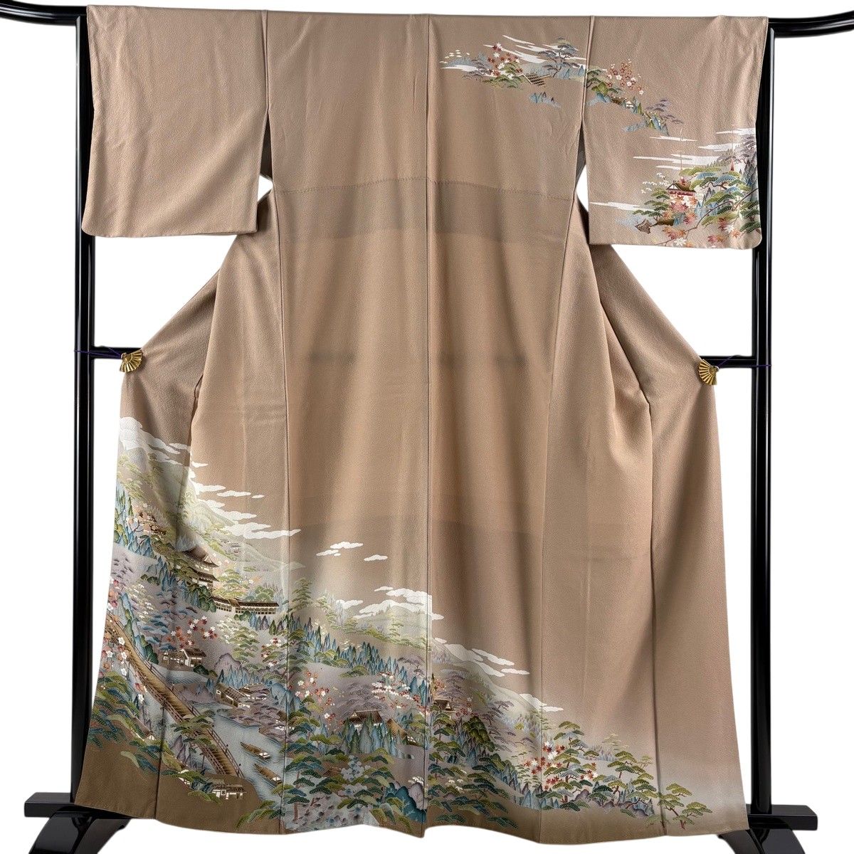 訪問着 身丈160cm 裄丈65cm M 袷 風景 建物 ぼかし 薄茶色 正絹 秀品 【中古】