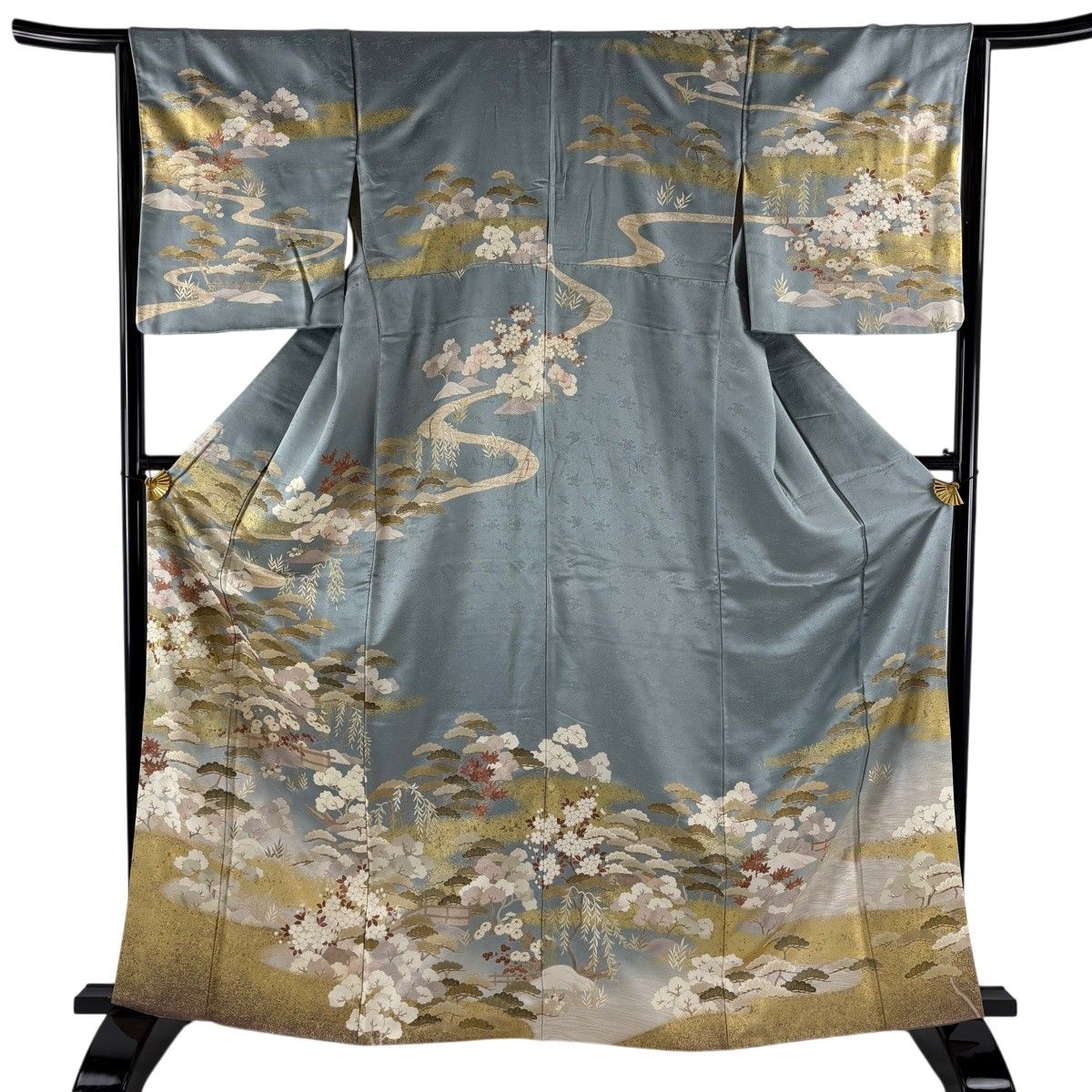 訪問着 身丈164cm 裄丈64cm M 袷 松 水辺の風景 金糸 金彩 青灰色 正絹 秀品 【中古】
