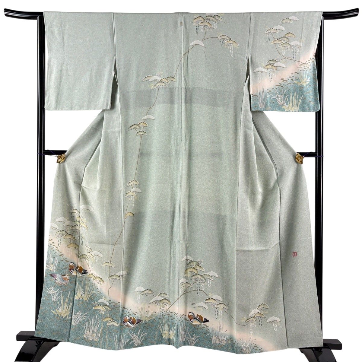 訪問着 身丈157cm 裄丈65cm M 袷 落款 松 鴛鴦 ぼかし 薄緑 正絹 秀品 一つ紋 【中古】