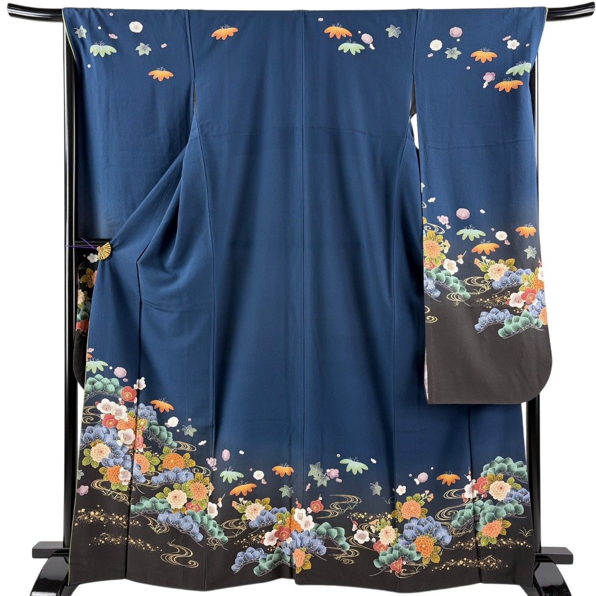 振袖 身丈165.5cm 裄丈68cm L 袷 松竹梅 流水 金彩 刺繍 藍色 正絹 秀品 【中古】