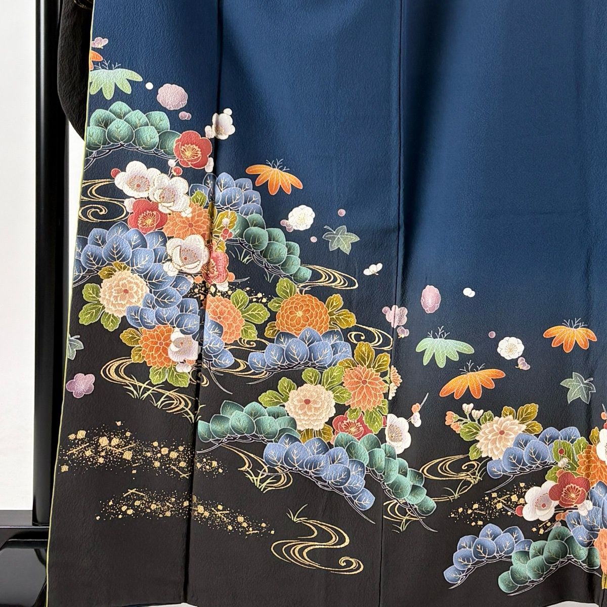 振袖 身丈159cm 裄丈65.5cm M 袷 松竹梅 流水 ぼかし 青紫 正絹 名品 中古