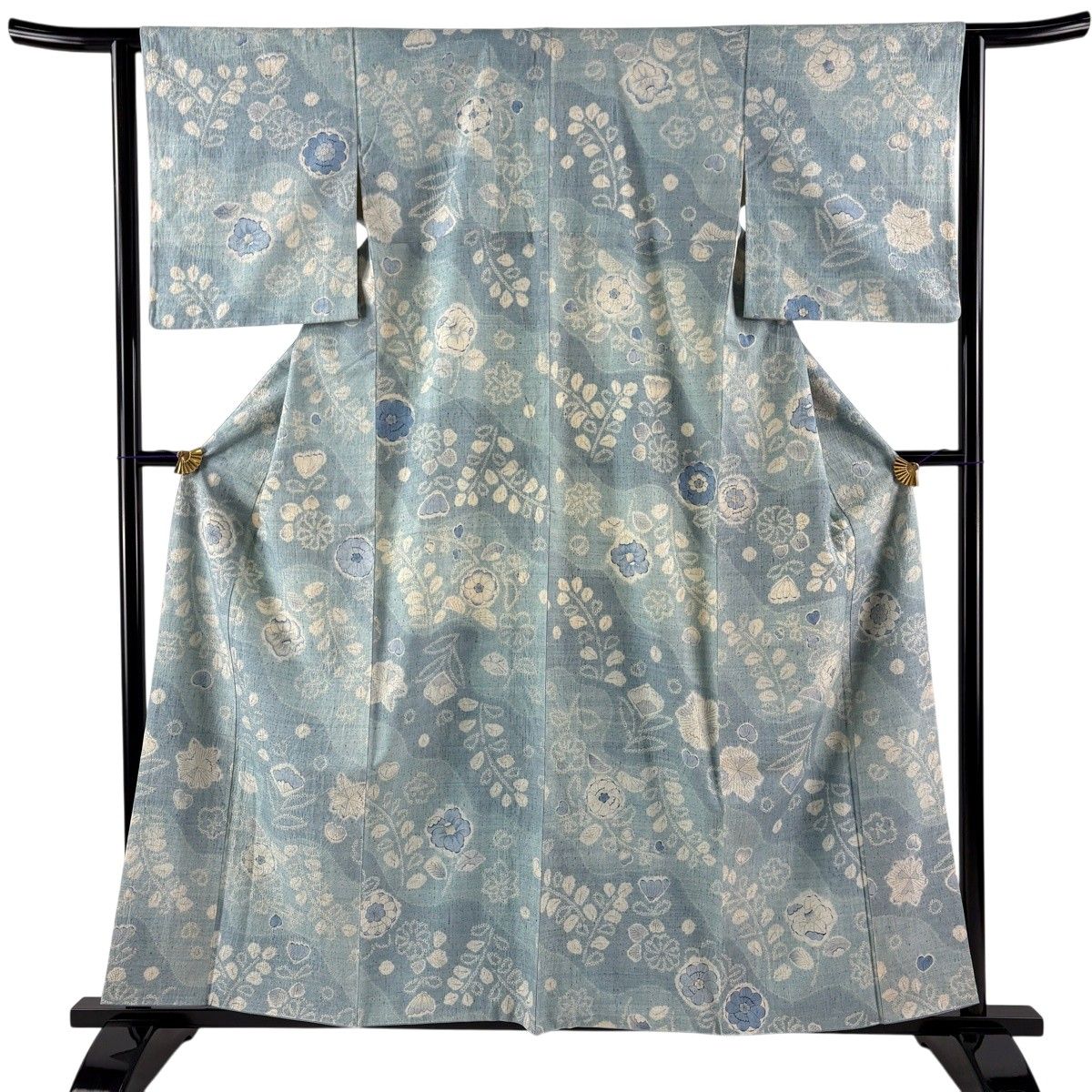 小紋 身丈159cm 裄丈62.5cm S 袷 紬地 草花 椿 ぼかし 絞り 薄緑 正絹 秀品 【中古】