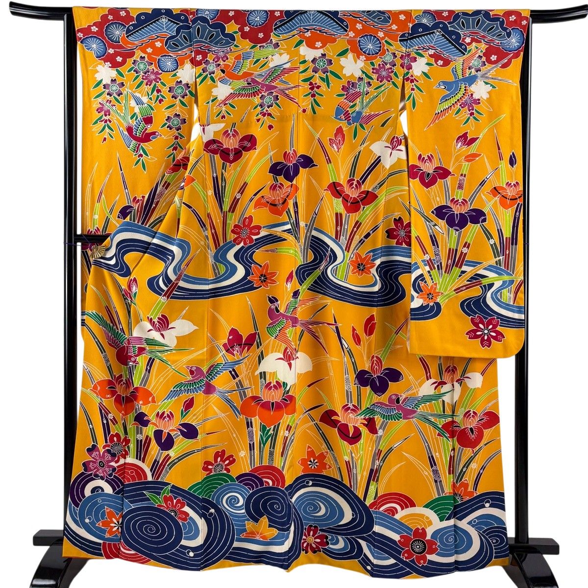 振袖 身丈164cm 裄丈63.5cm S 袷 草花 鳥 山吹色 正絹 秀品 【中古】