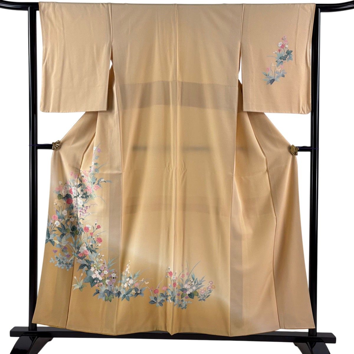 【美品】 訪問着 身丈156cm 裄丈63cm S 袷 草花 ぼかし ベージュ 正絹 秀品 【中古】