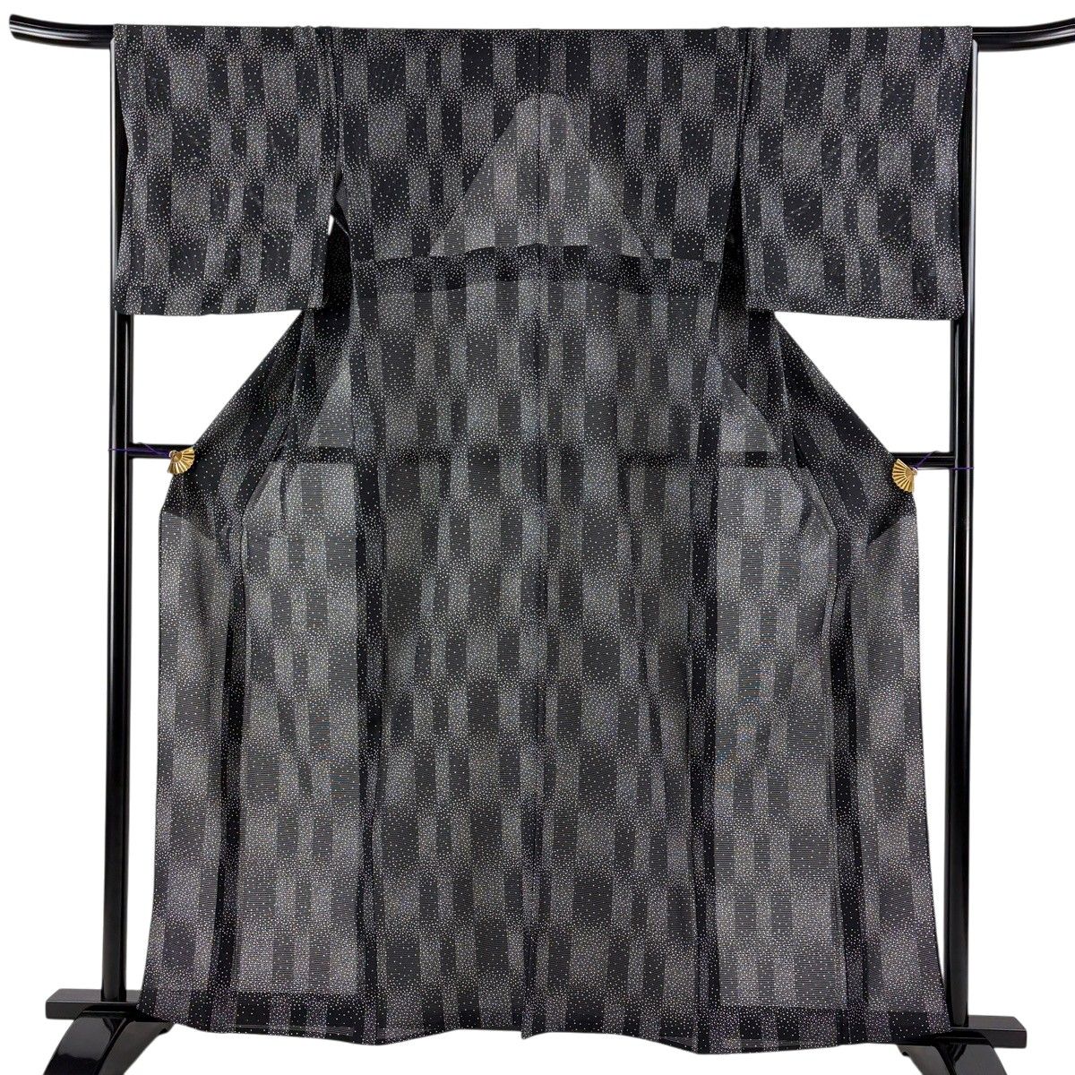 【美品】 小紋 身丈158cm 裄丈66cm M 薄物 絽 大小霰 変わり市松 黒 正絹 秀品 【中古】