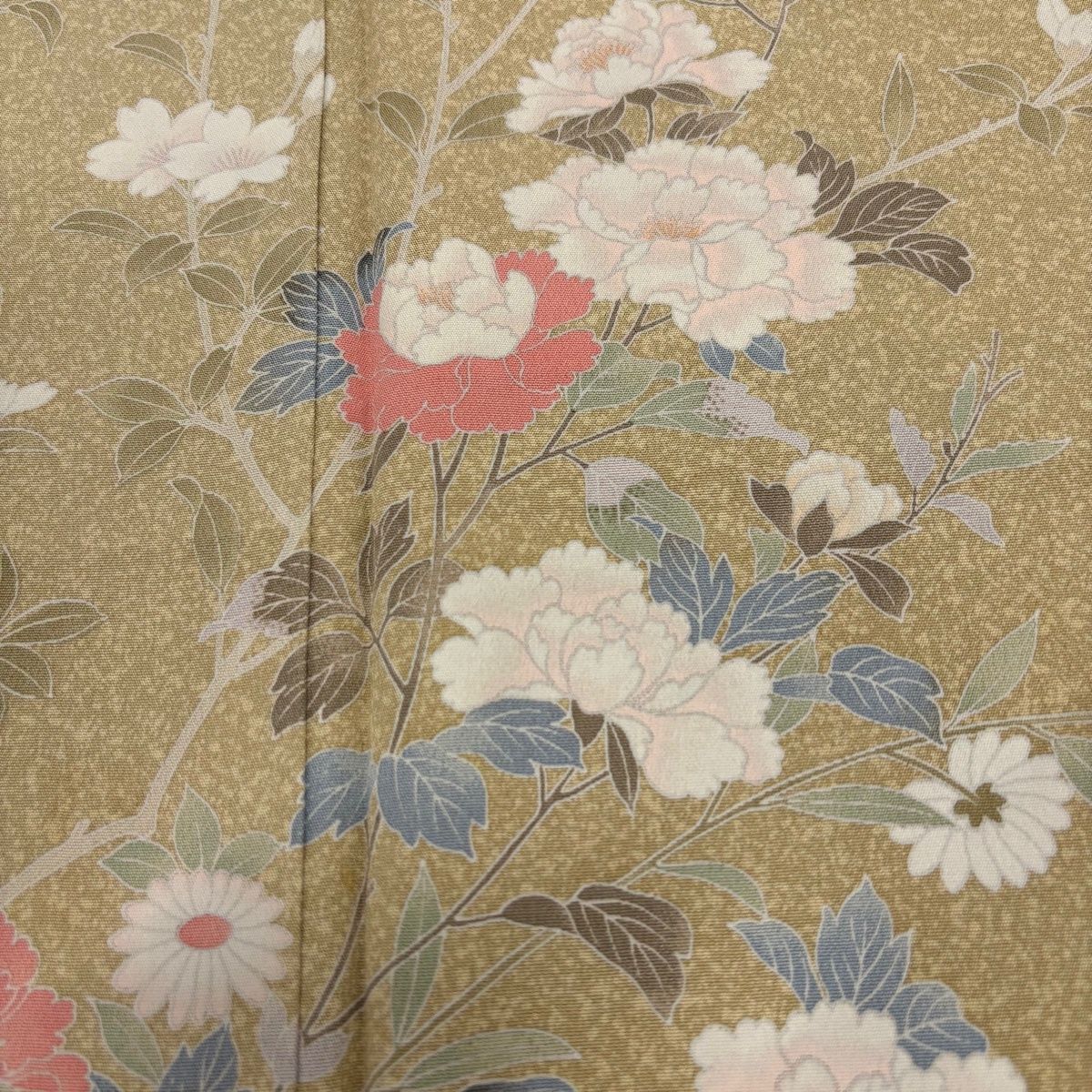 訪問着 身丈154.5cm 裄丈65.5cm M 袷 枝花 流水 染め分け 薄茶色 正絹