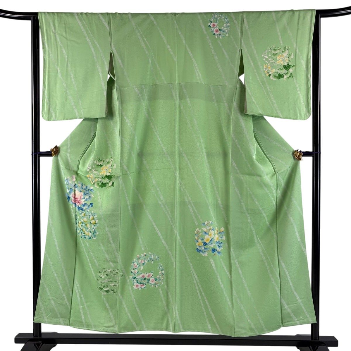 訪問着 身丈154cm 裄丈64.5cm M 袷 花丸紋 斜縞 薄緑 正絹 秀品 【中古】