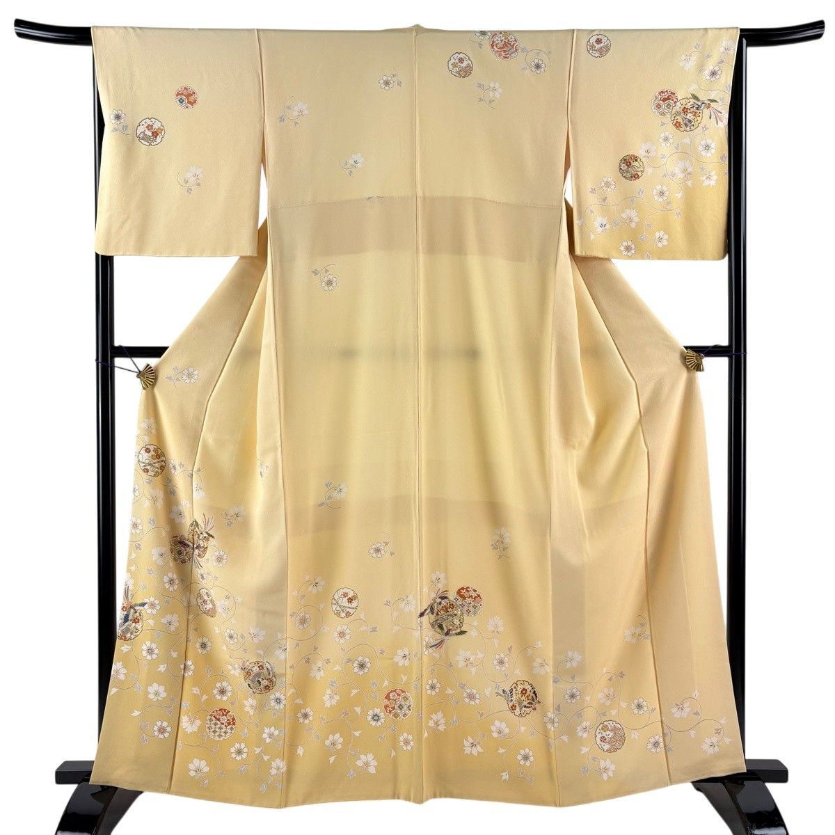 訪問着 身丈162cm 裄丈66cm M 袷 尾長鳥 雪輪 金糸 金彩 薄黄 正絹 秀品 【中古】
