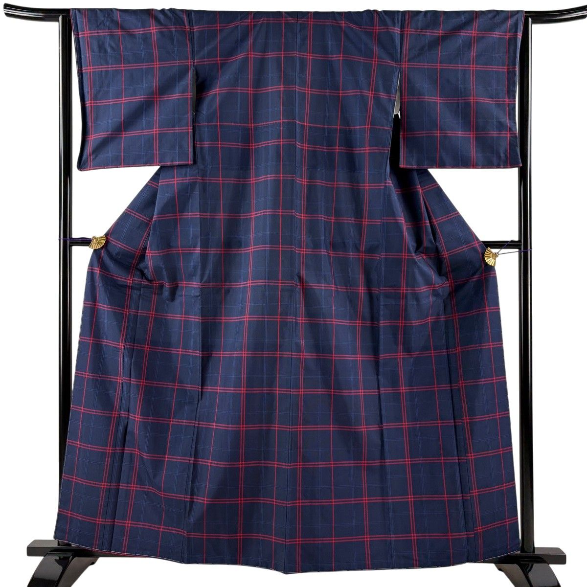 大島紬 身丈160.5cm 裄丈64cm M 袷 アンサンブル 格子 紺色 正絹 秀品 【中古】
