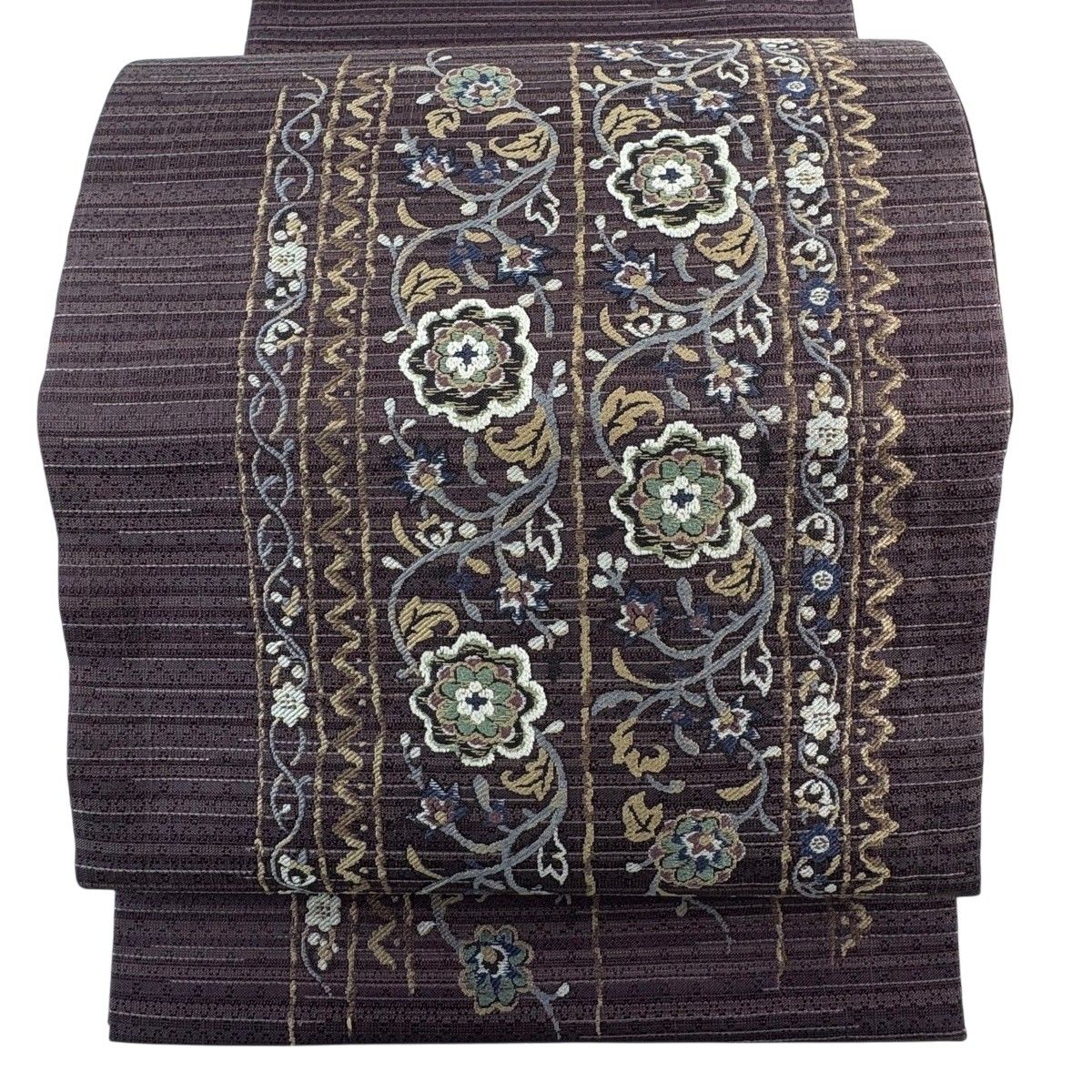 【美品】 袋帯 秀品 やまと 草花 縞 金糸 灰紫 お太鼓柄 正絹 【中古】