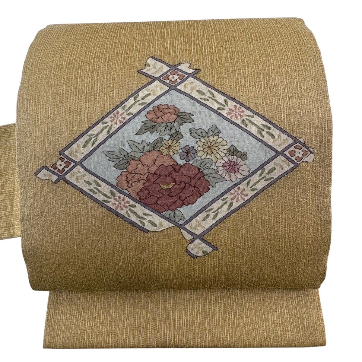 【美品】 名古屋帯 秀品 夏帯 菱天井 草花 金糸 金色 正絹 【中古】