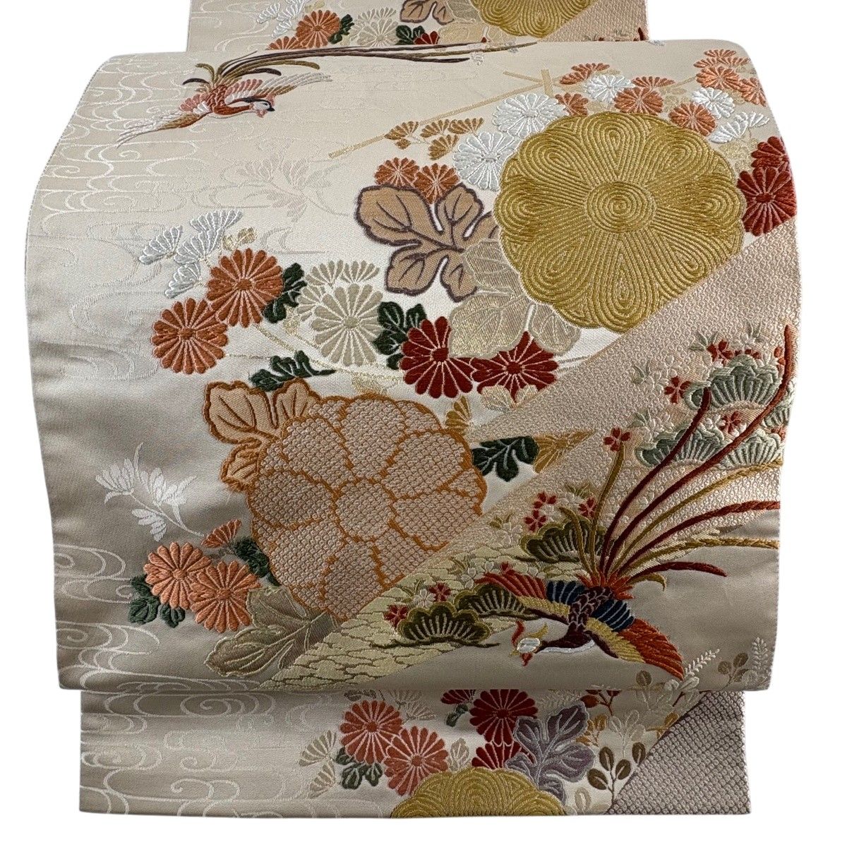 袋帯 秀品 鳳凰 菊 唐織 金糸 ベージュ 六通 正絹 【中古】