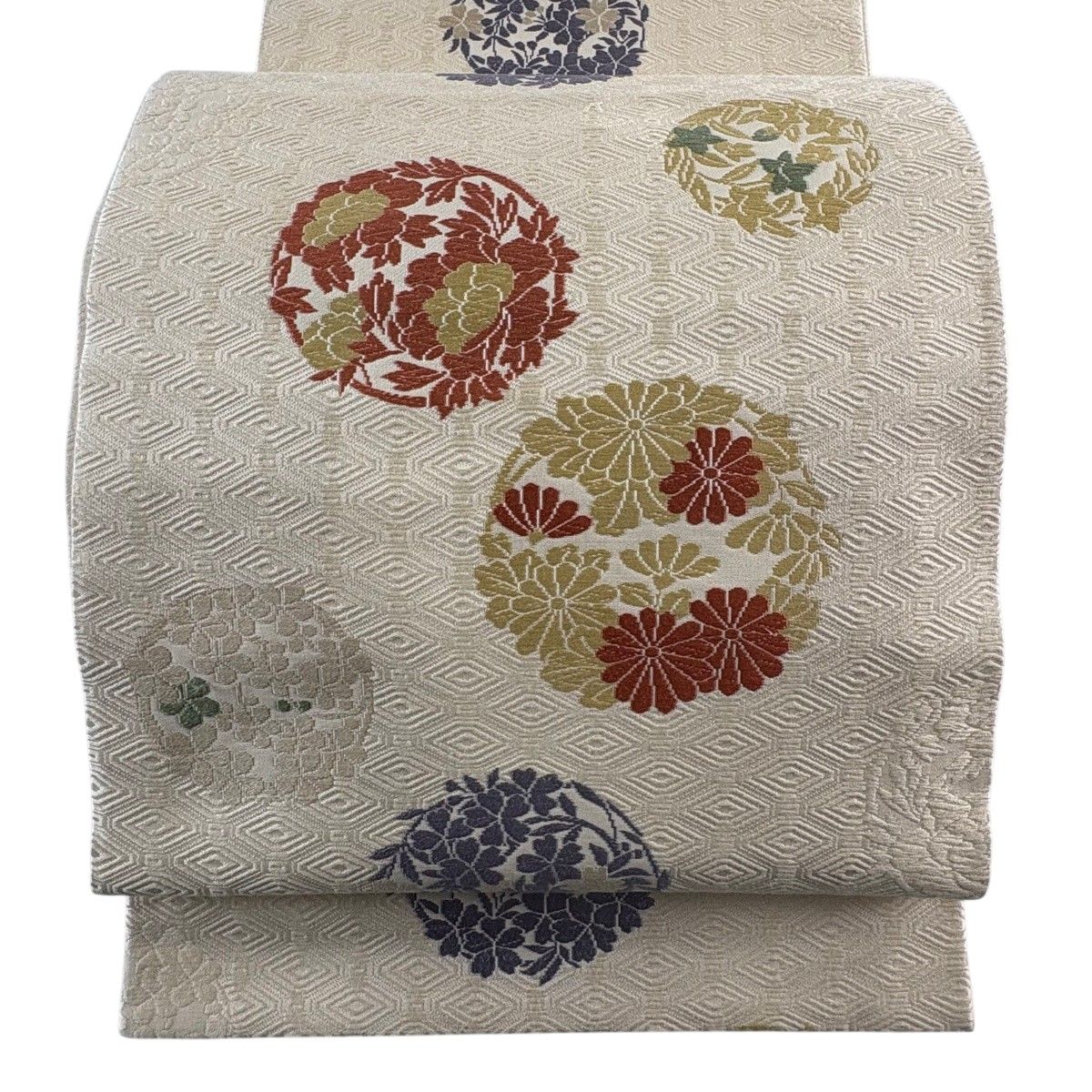 袋帯 秀品 花丸文 菊 ベージュ 六通 正絹 【中古】