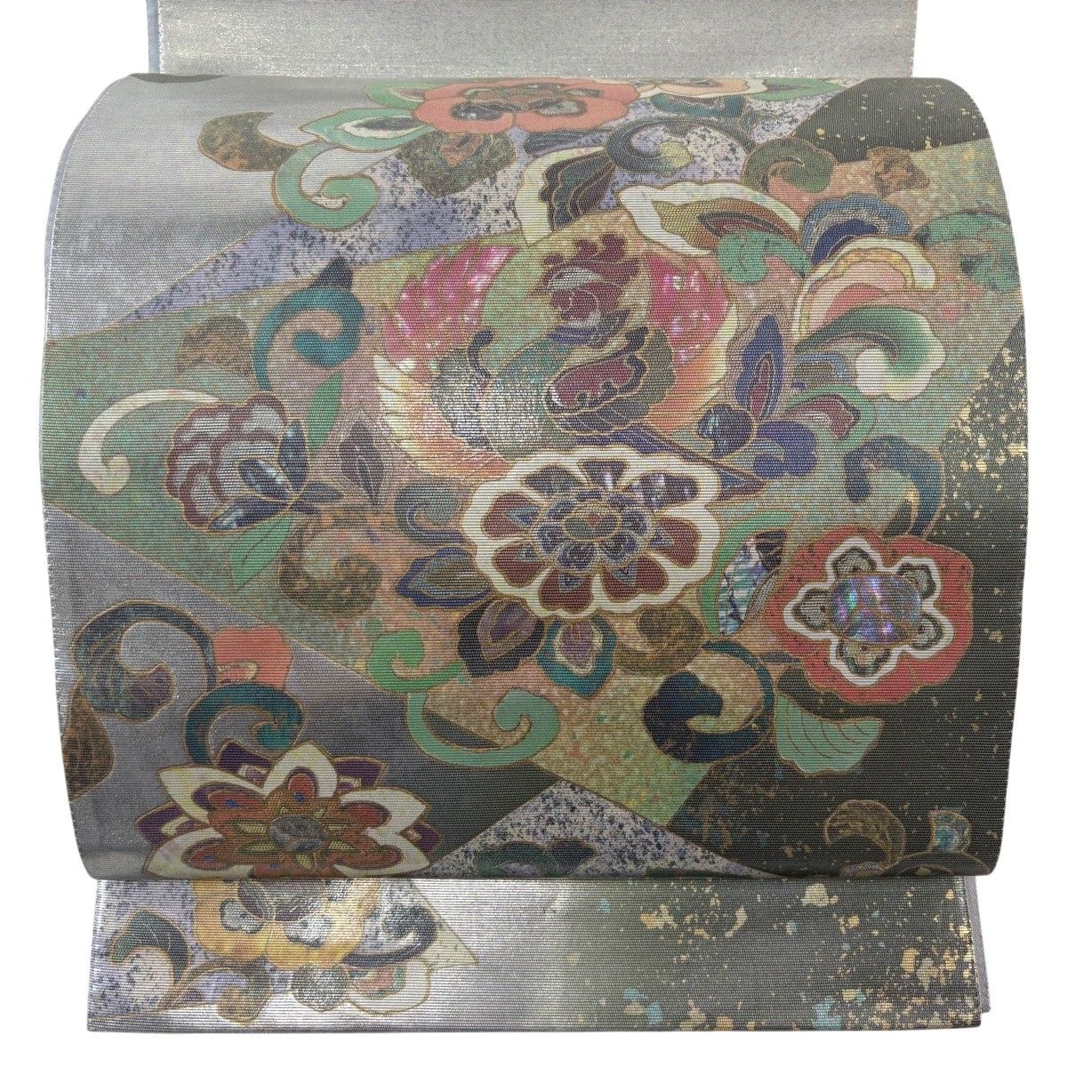 【美品】 袋帯 秀品 花唐草 螺鈿 箔 薄緑 お太鼓柄 正絹 【中古】