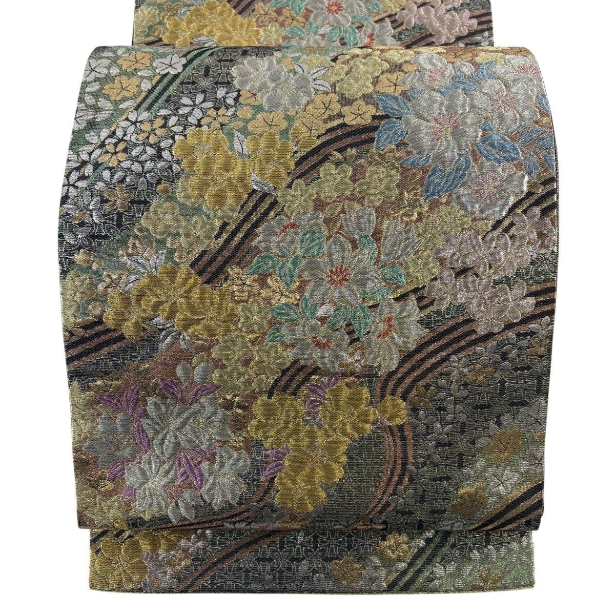 【美品】 袋帯 秀品 桜 霞 金銀糸 箔 灰緑 六通 正絹 【中古】